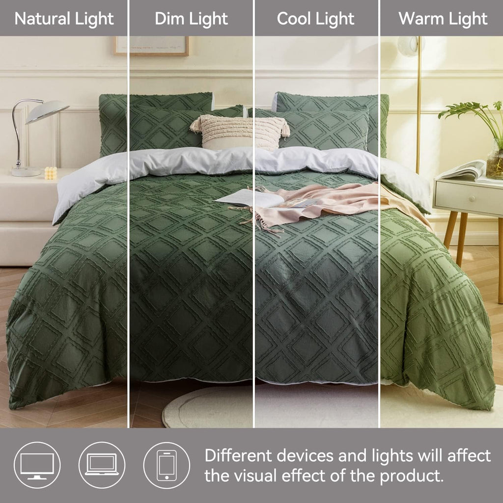 JELLYMONI Reversible Green &amp; White Duvet Cover King Size - 3PCS Microfiber Tufted Duvet Cover, Boho Textured Duvet Cover Jacquard Geometric Pattern Duvet Cover with Corner Ties &amp; Zipper Closure