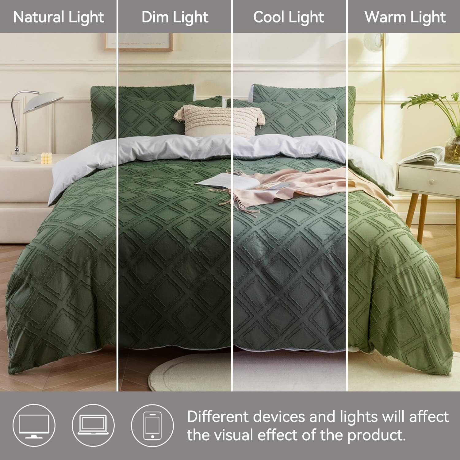 JELLYMONI Reversible Green &amp; White Duvet Cover King Size - 3PCS Microfiber Tufted Duvet Cover, Boho Textured Duvet Cover Jacquard Geometric Pattern Duvet Cover with Corner Ties &amp; Zipper Closure