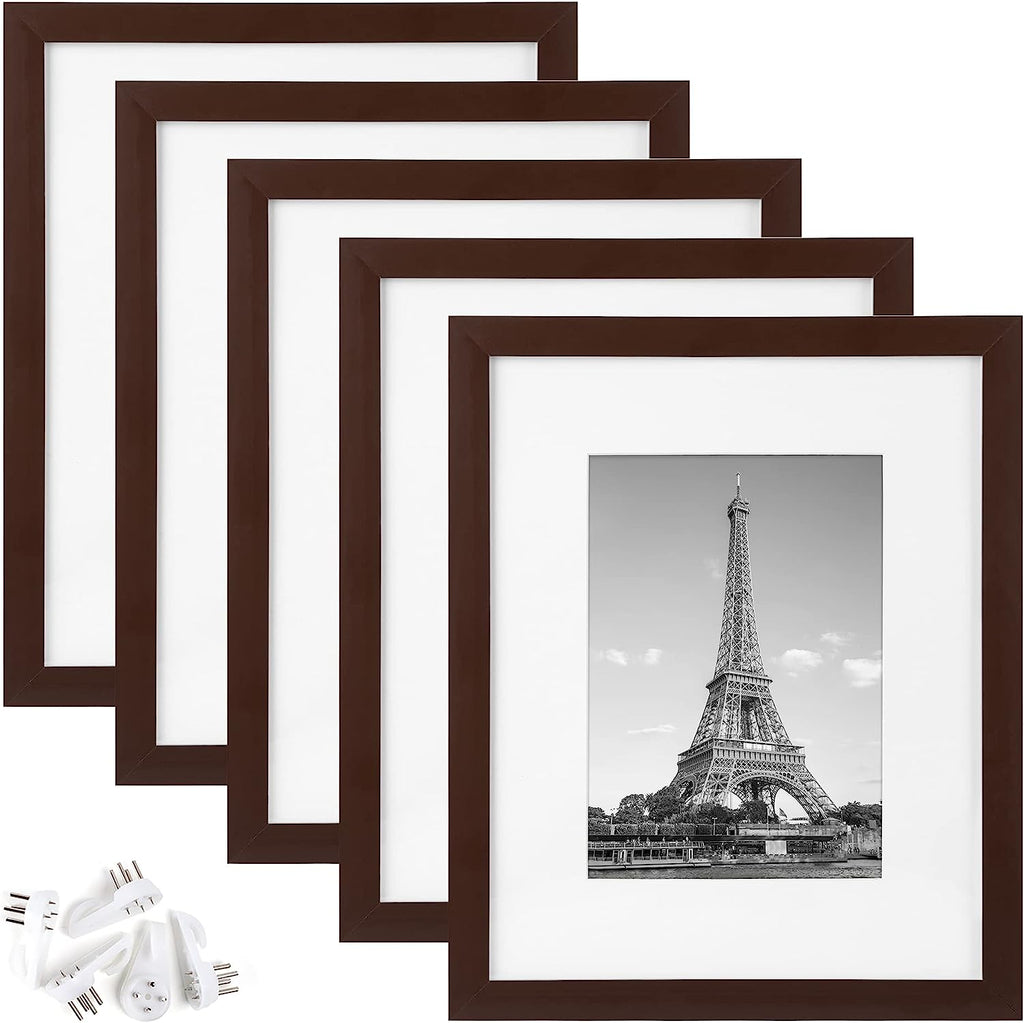 upsimples 8x10 Picture Frame Set of 5,Display Pictures 5x7 with Mat or 8x10 Without Mat,Wall Gallery Photo Frames, Brown