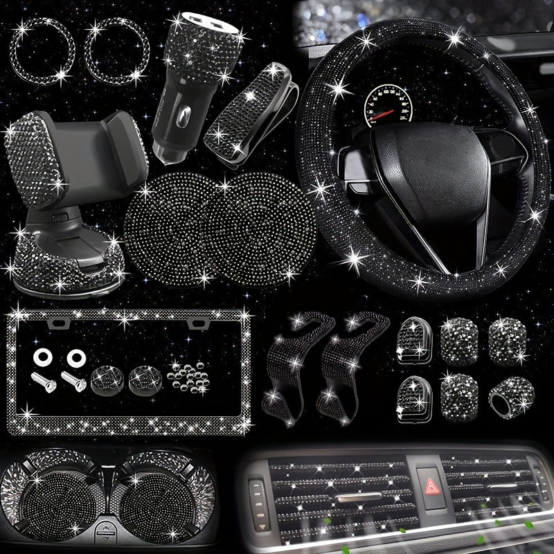 27pcs Bling Car Accessories Set For Women, Bling Steering Wheel Covers Universal Fit 15 Inch, Bling License Plate Frame,  Phone Holder, Car Coasters