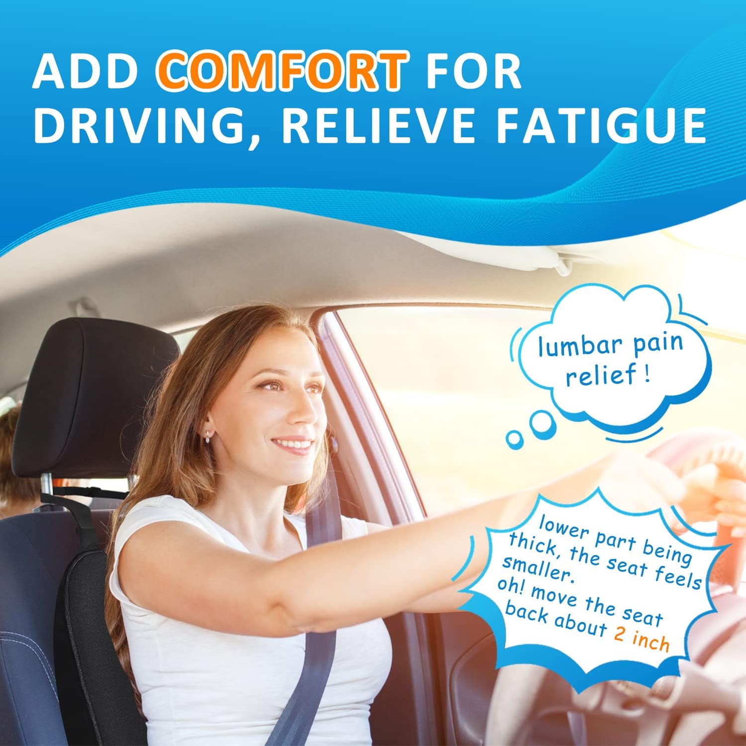 Lumbar Support Pillow for Car-Memory Foam Car Back Support for Driving Fatigue/Back Pain Relief - Dual Straps Better Fix The Back Support for Car - Black