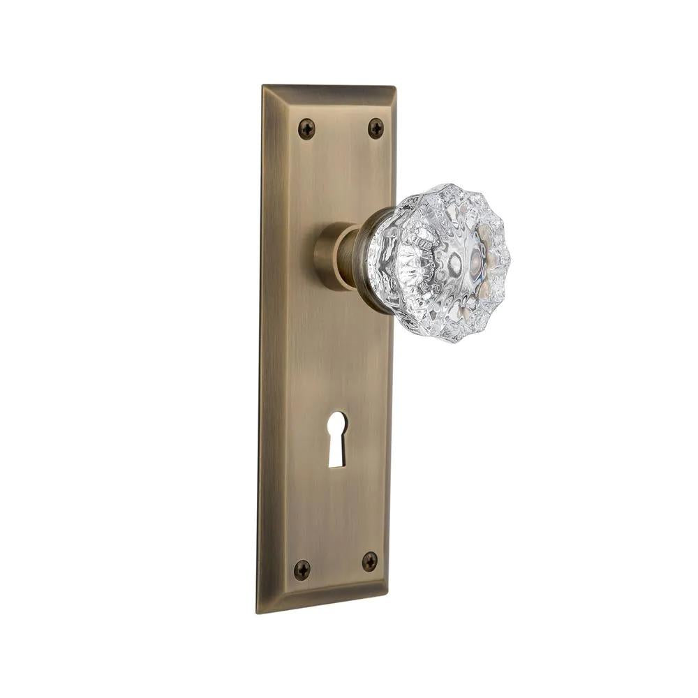 York Plate Interior Mortise Crystal Glass Door Knob in Antique Brass