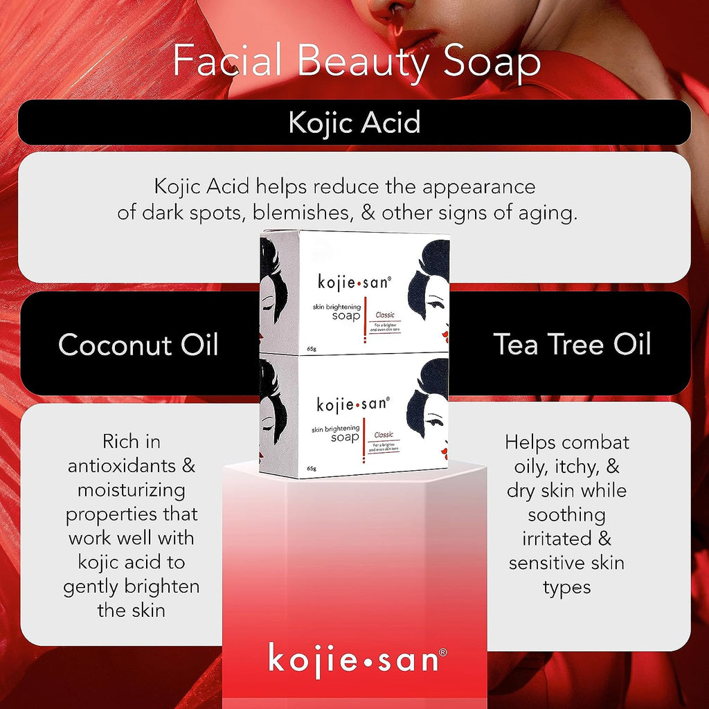 Kojie San Skin Brightening Soap - Original Kojic Acid Soap for Dark Spots, Hyperpigmentation, &amp; Scars with Coconut &amp; Tea Tree Oil - 65g x 2 Bars