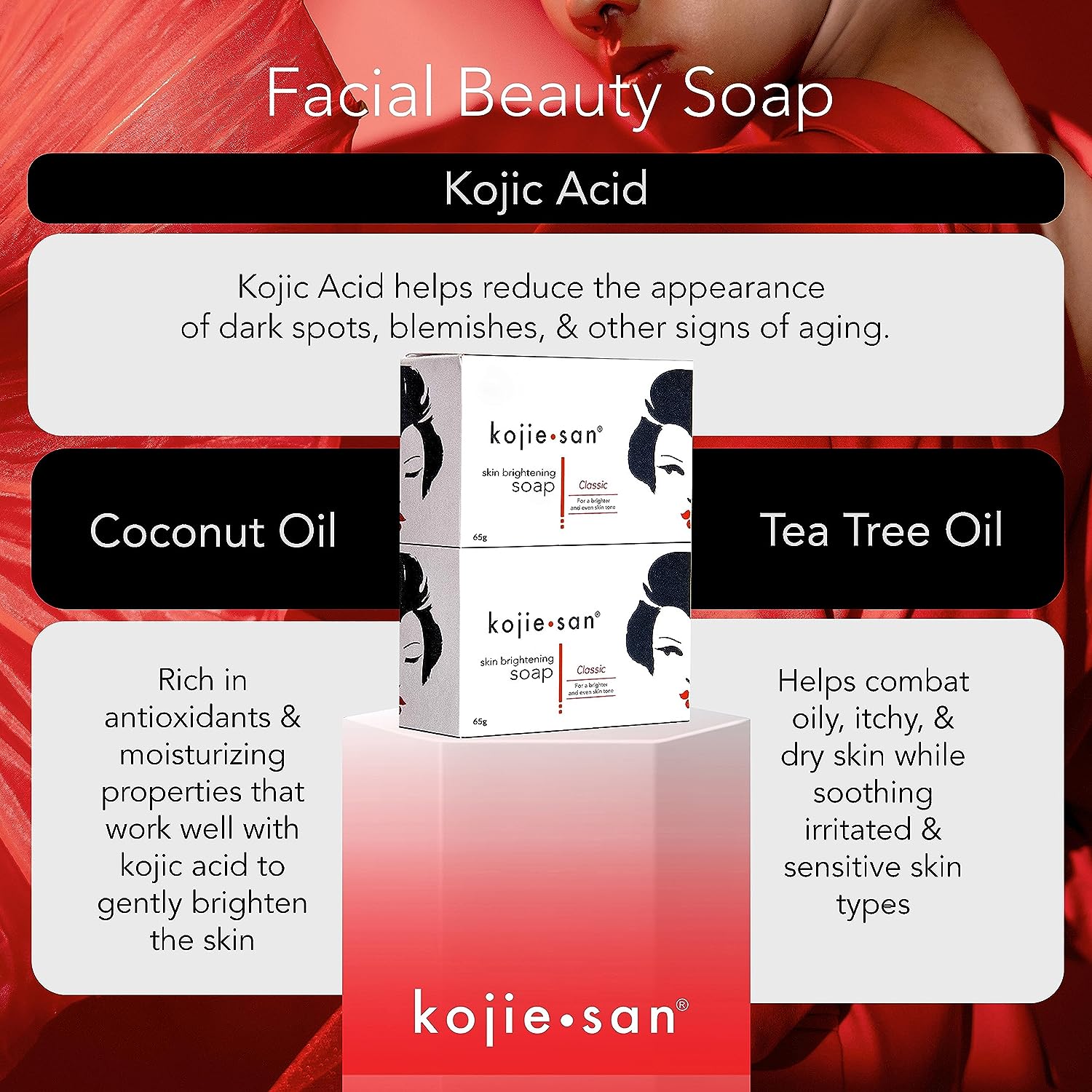 Kojie San Skin Brightening Soap - Original Kojic Acid Soap for Dark Spots, Hyperpigmentation, &amp; Scars with Coconut &amp; Tea Tree Oil - 65g x 2 Bars