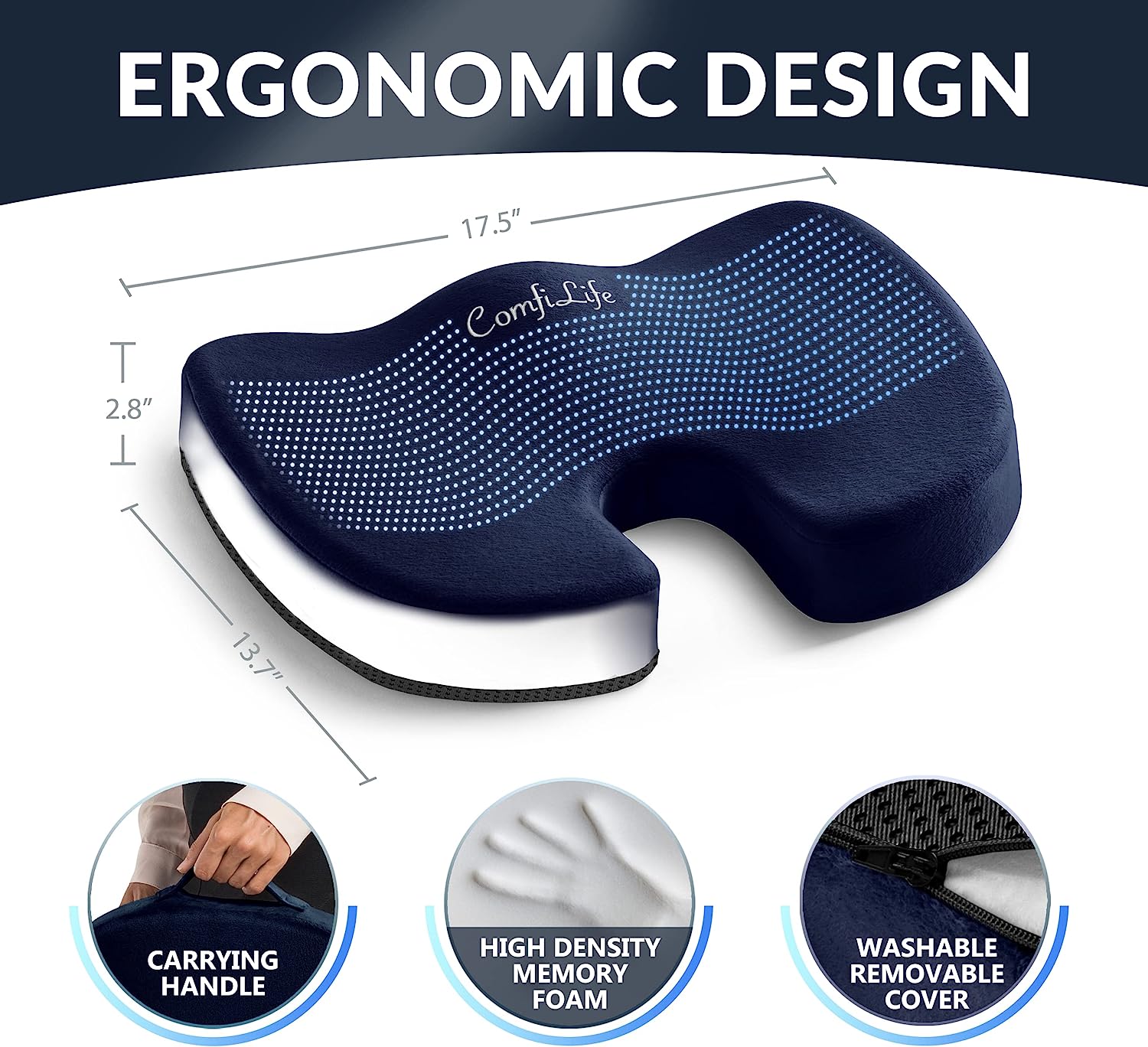 ComfiLife Gel Enhanced Seat Cushion – Non-Slip Orthopedic Gel &amp; Memory Foam Coccyx Cushion for Tailbone Pain – Office Chair Car Seat Cushion – Sciatica &amp; Back Pain Relief (Navy)
