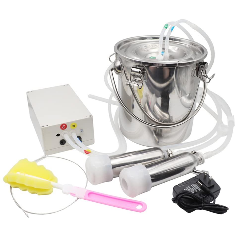 5L Electric MilMachine for Cow, Pulsation Vacuum Pump Electric Milker with 2 Teat Cups and  Steel Bucket (Cow)