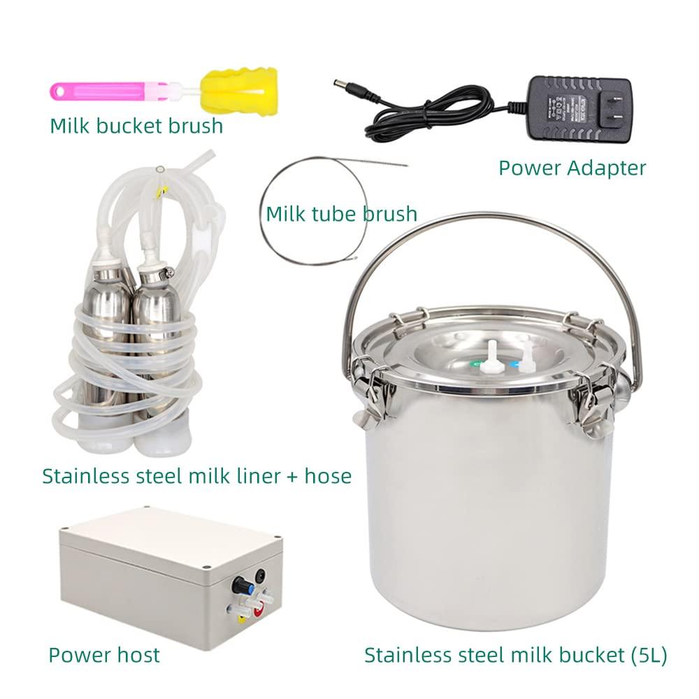5L Electric MilMachine for Cow, Pulsation Vacuum Pump Electric Milker with 2 Teat Cups and  Steel Bucket (Cow)