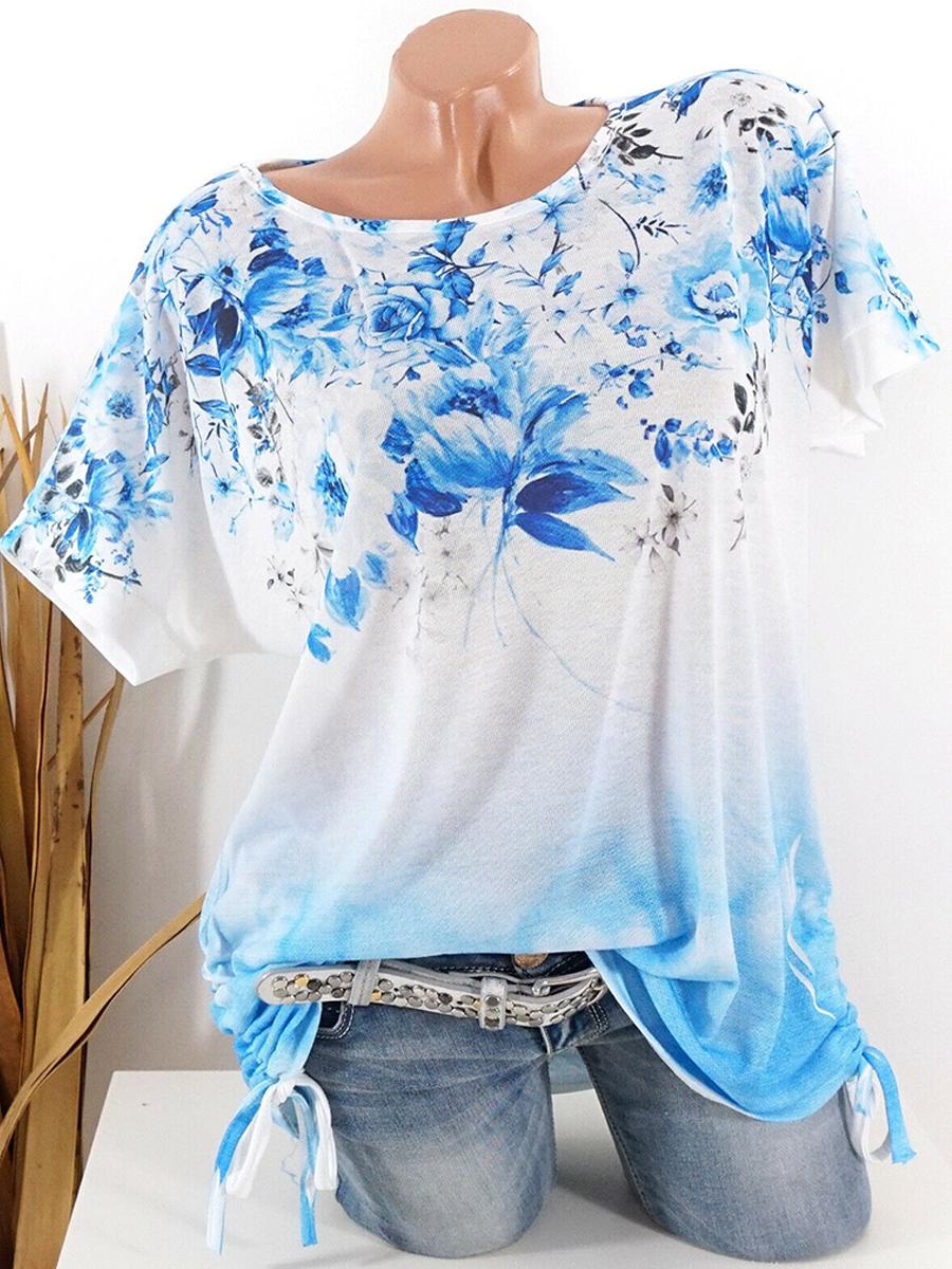 Round Neck Floral Print Short Sleeve T-shirt