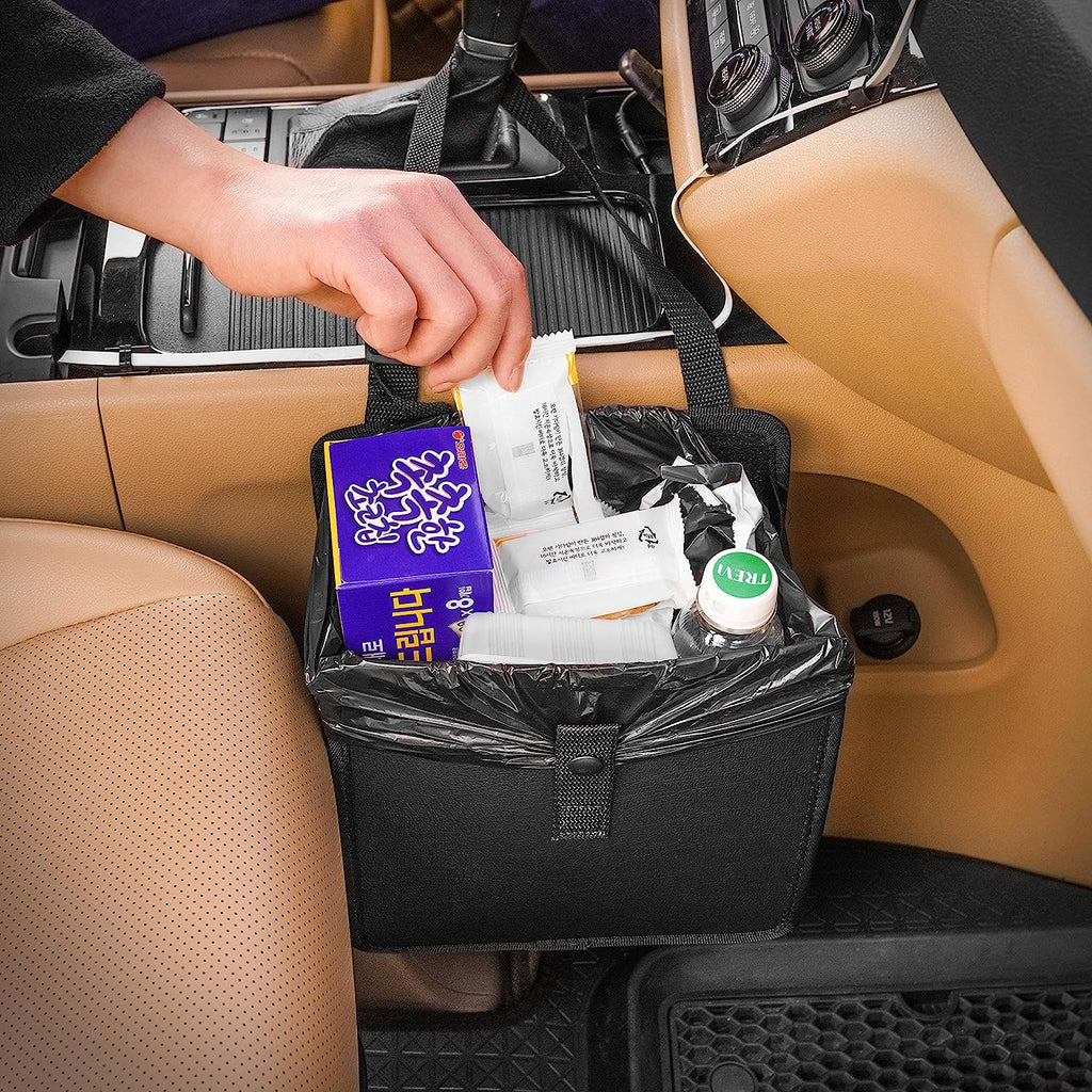 KMMOTORS Car Trash Can, Leather Car Trash Bag Foldable Hanging, Car Trash bin, Cute car Gadgets, Car Garbage Container, Vegan Leather(Medium, Black)