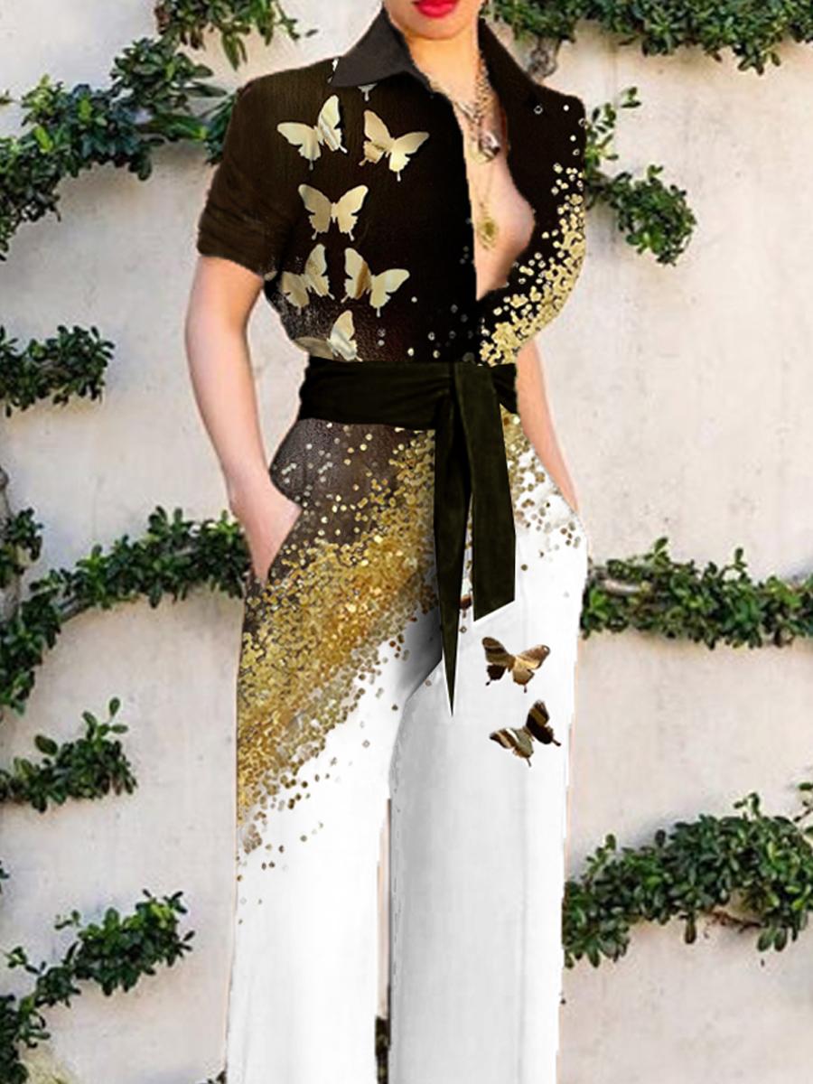 Fashion Butterfly Print Colorblock Jumpsuit Womens