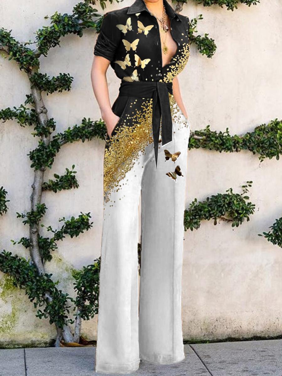 Fashion Butterfly Print Colorblock Jumpsuit Womens