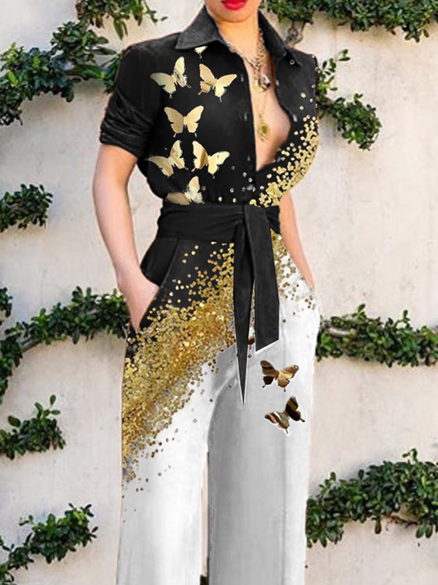 Fashion Butterfly Print Colorblock Jumpsuit Womens