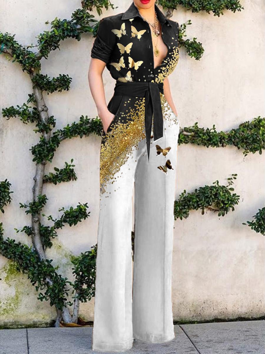 Fashion Butterfly Print Colorblock Jumpsuit Womens