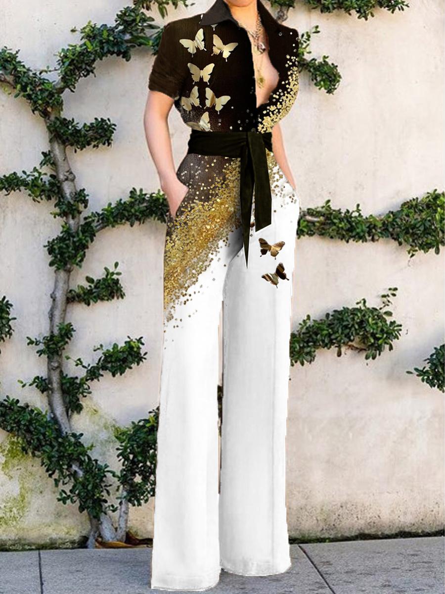 Fashion Butterfly Print Colorblock Jumpsuit Womens