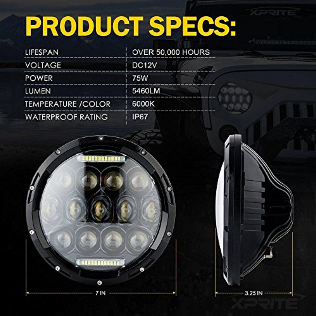 GMC G1500 G2500 G3500 1980-1987 7 Inch Round Cree LED Headlights White 75W 9000 Lumens Hi/Lo Beam with DRL