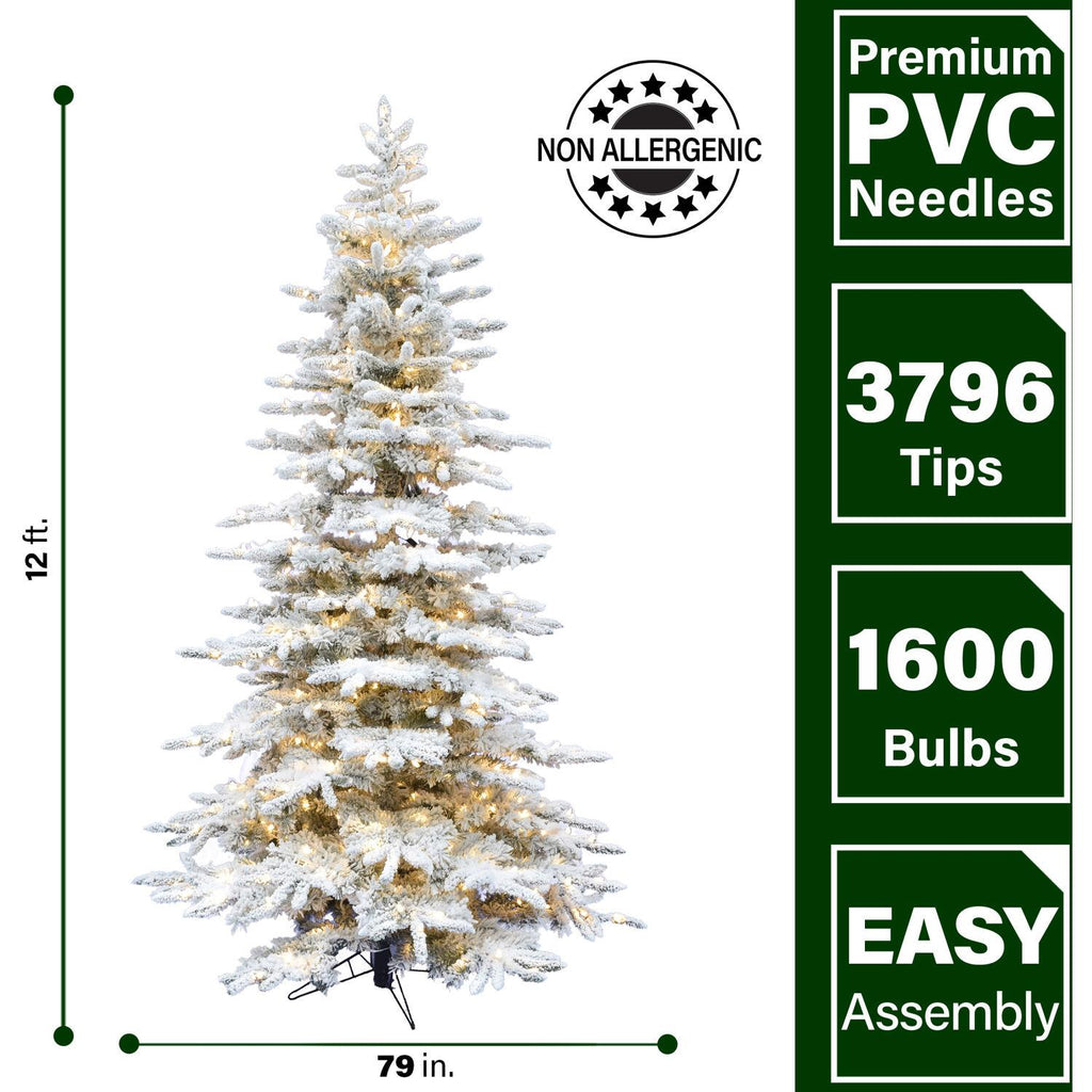 Fraser Hill Farm Clear Prelit LED White Flocked Pine Christmas Tree, 12'