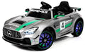 12V Mercedes GT4 Sport Ride on power electric car For Kids with Remote Control LED lights Opening doors MP3 - Silver