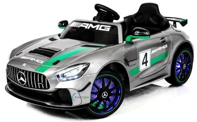 12V Mercedes GT4 Sport Ride on power electric car For Kids with Remote Control LED lights Opening doors MP3 - Silver
