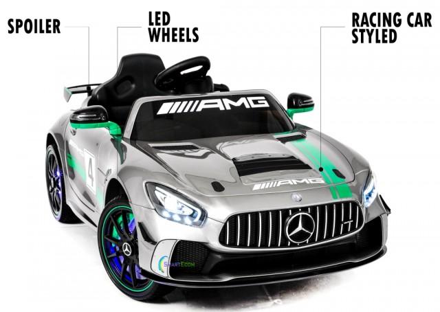 12V Mercedes GT4 Sport Ride on power electric car For Kids with Remote Control LED lights Opening doors MP3 - Silver
