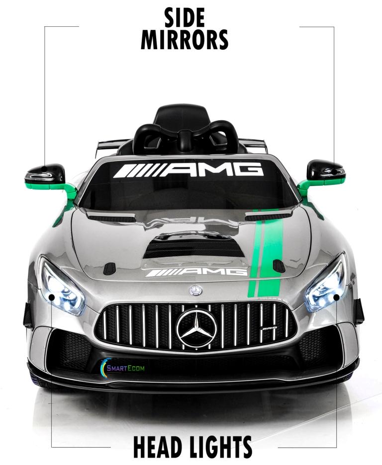 12V Mercedes GT4 Sport Ride on power electric car For Kids with Remote Control LED lights Opening doors MP3 - Silver