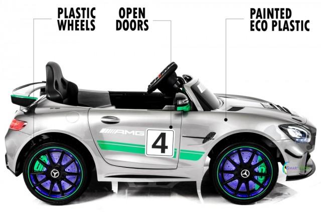 12V Mercedes GT4 Sport Ride on power electric car For Kids with Remote Control LED lights Opening doors MP3 - Silver