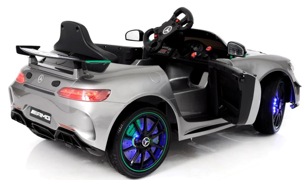 12V Mercedes GT4 Sport Ride on power electric car For Kids with Remote Control LED lights Opening doors MP3 - Silver