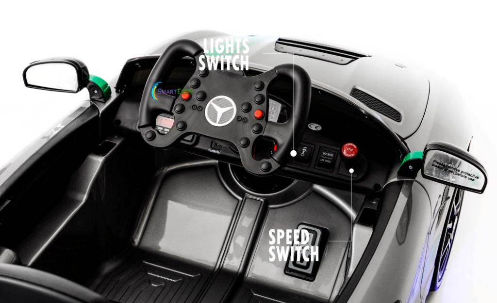 12V Mercedes GT4 Sport Ride on power electric car For Kids with Remote Control LED lights Opening doors MP3 - Silver