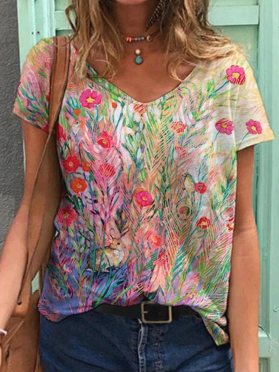 Floral Digital Print Fashion Short-sleeved T-shirt