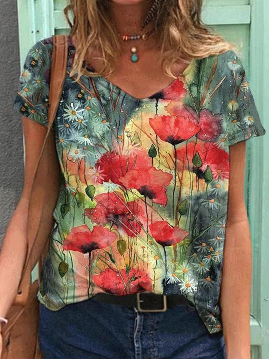 Floral Digital Print Fashion Short-sleeved T-shirt