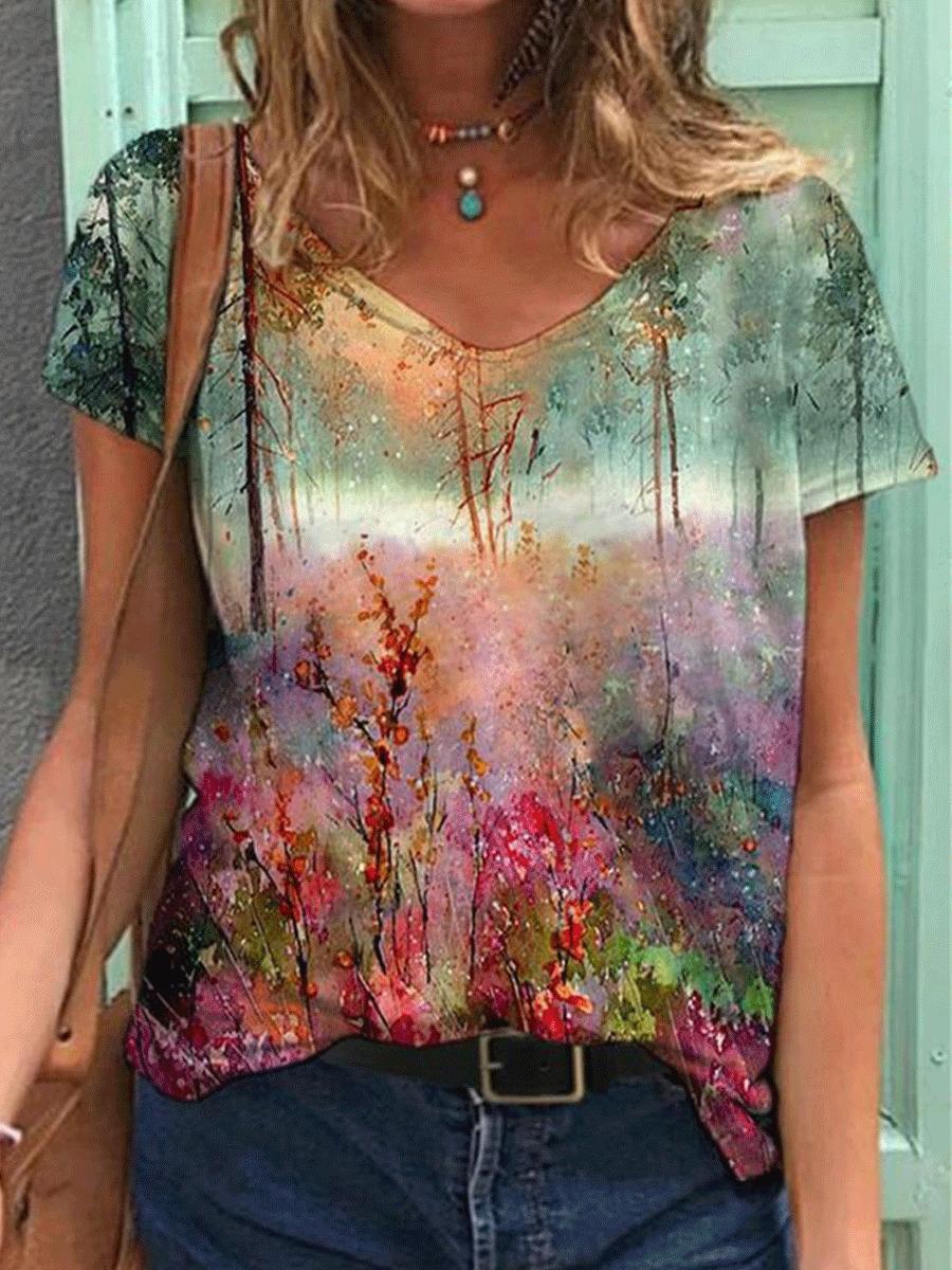 Floral Digital Print Fashion Short-sleeved T-shirt