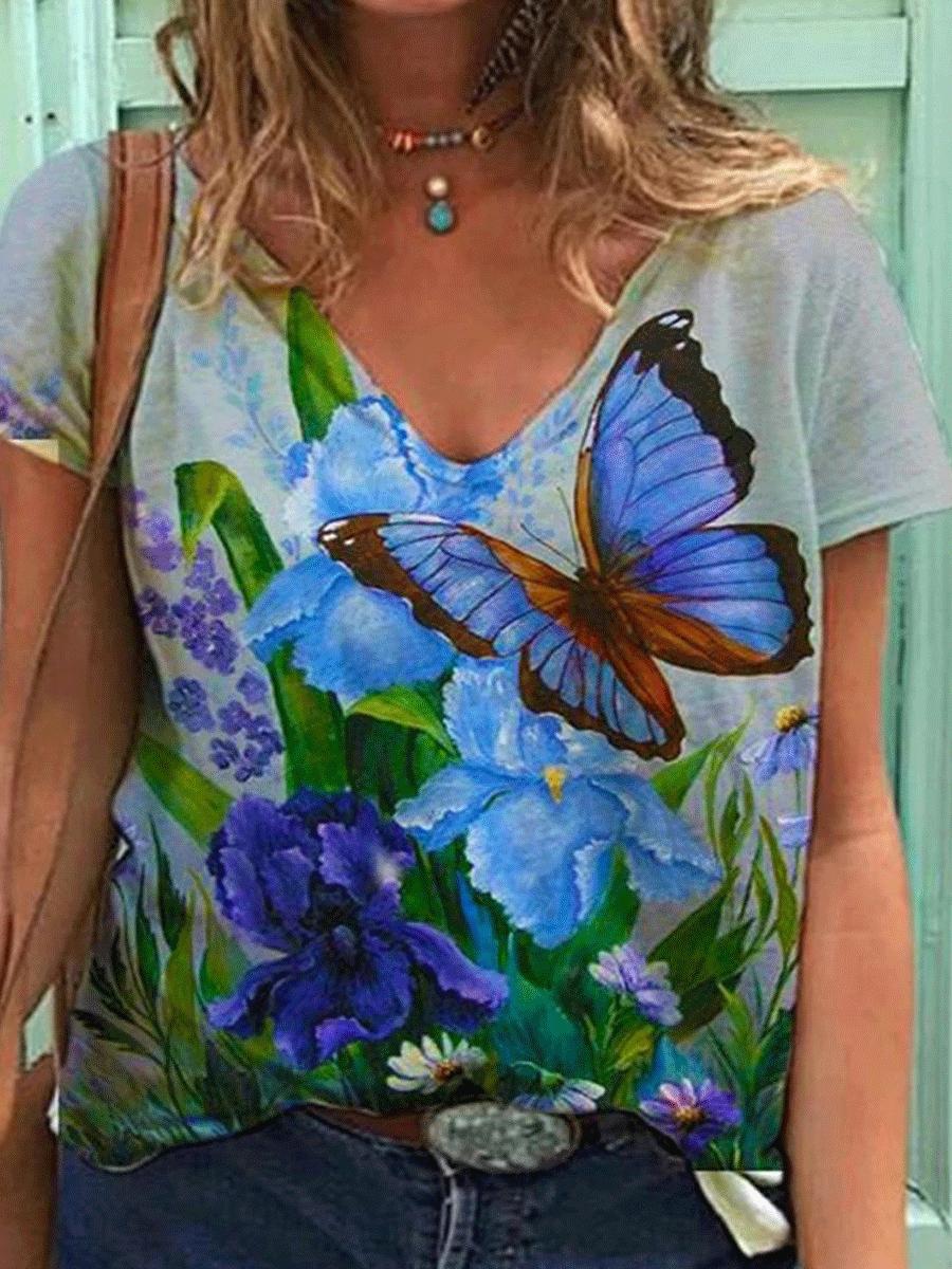 Floral Digital Print Fashion Short-sleeved T-shirt
