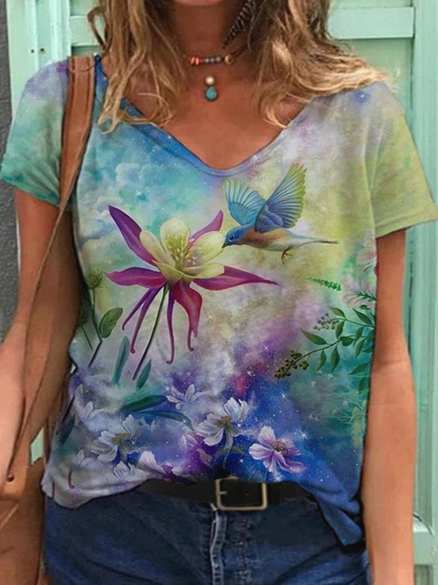 Floral Digital Print Fashion Short-sleeved T-shirt