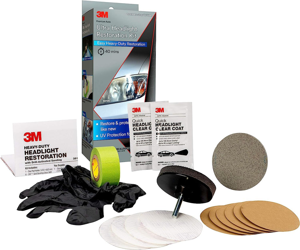 3M Ultra Headlight Restoration Kit, Easy Heavy-Duty Restoration, 39195, 1 Kit, Drill Required, Gray