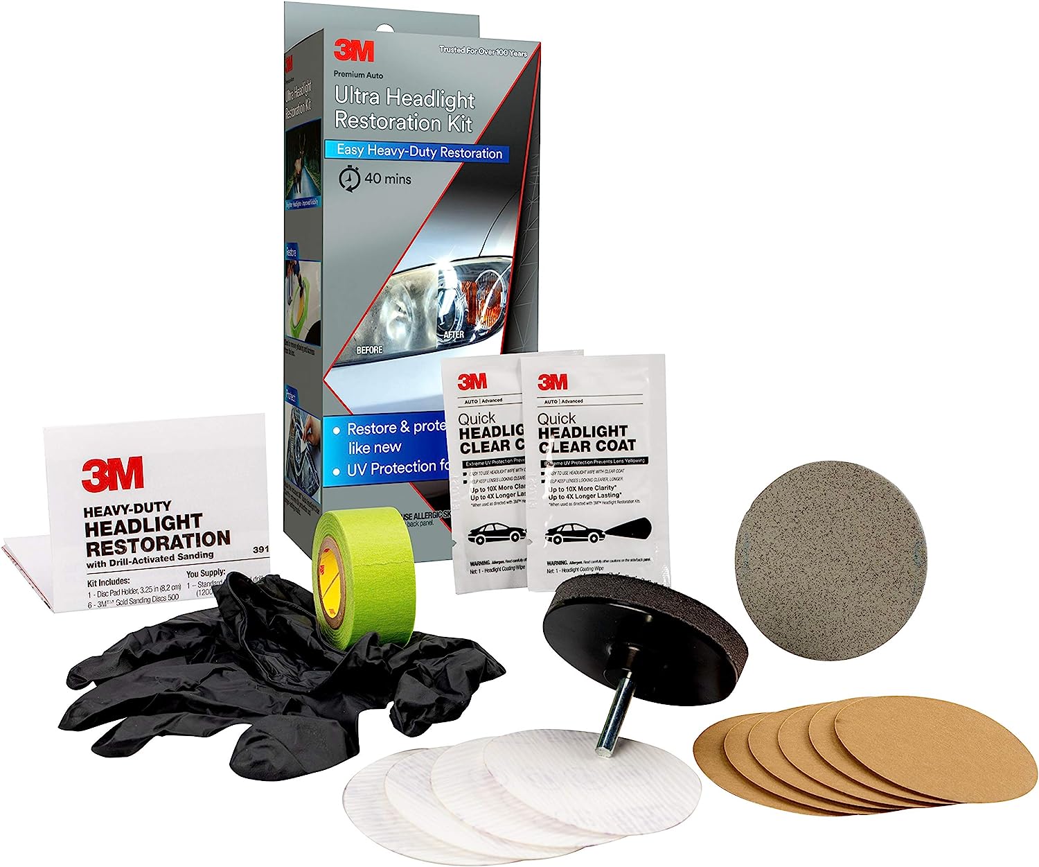 3M Ultra Headlight Restoration Kit, Easy Heavy-Duty Restoration, 39195, 1 Kit, Drill Required, Gray