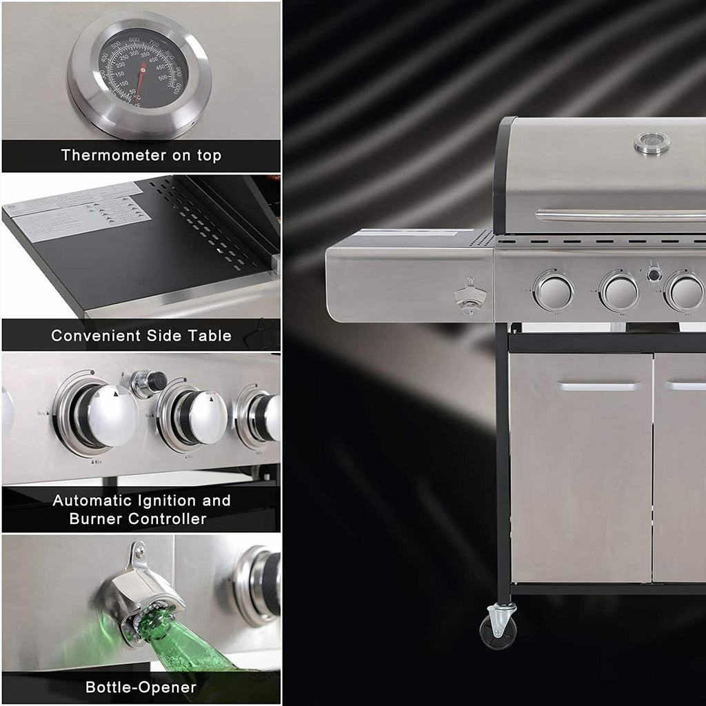 Propane Gas Grill 4 Burners with Cover  Steel CooGrill Outdoor BBQ