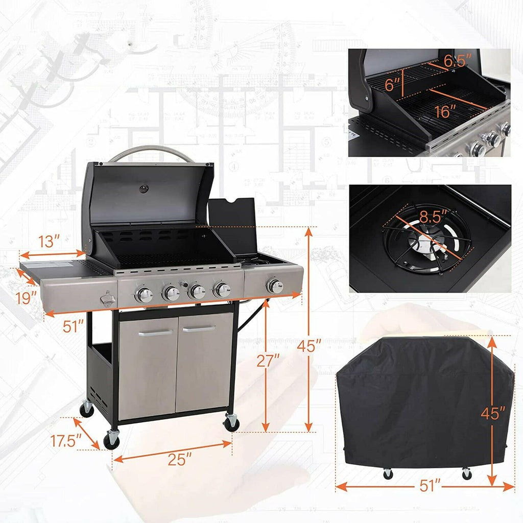 Propane Gas Grill 4 Burners with Cover  Steel CooGrill Outdoor BBQ