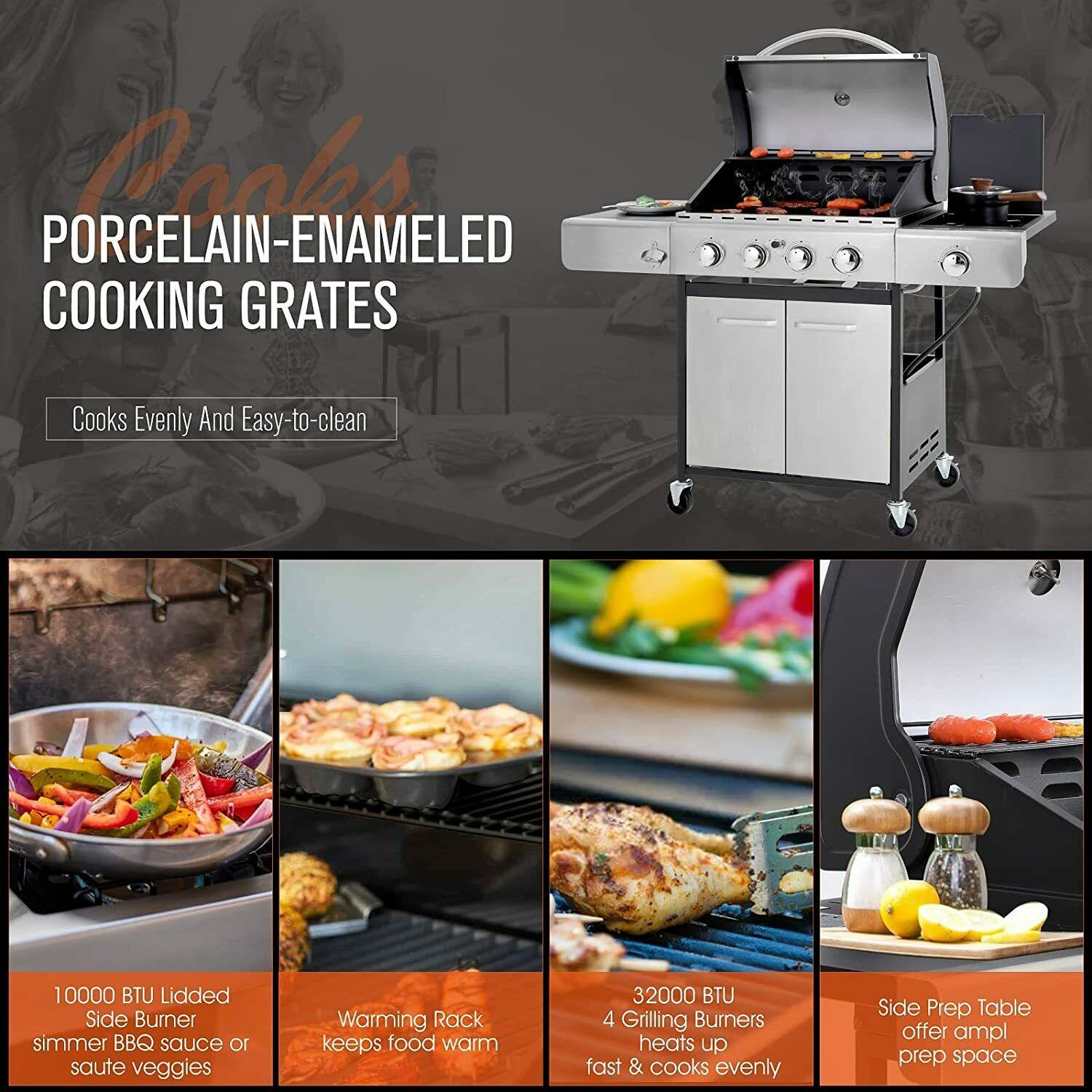 Propane Gas Grill 4 Burners with Cover  Steel CooGrill Outdoor BBQ