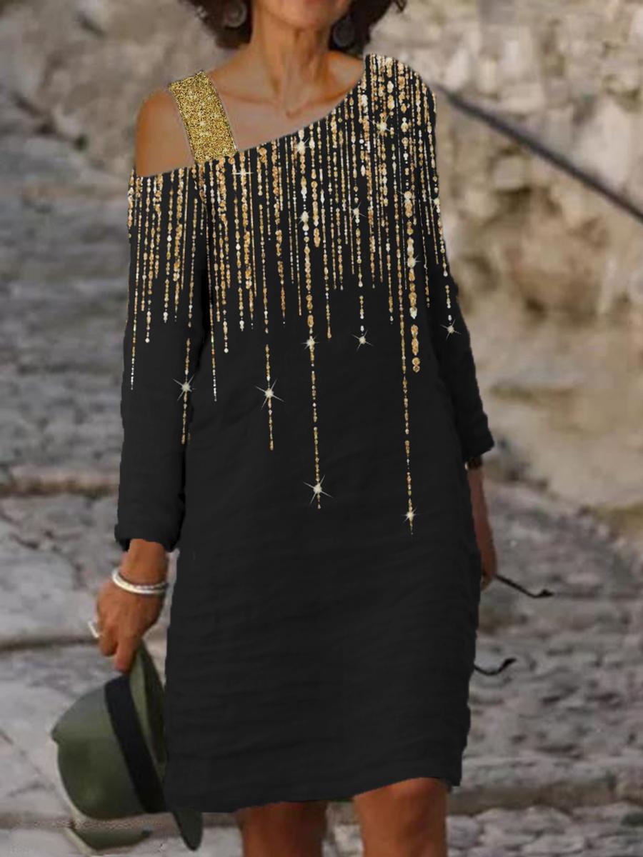 Fashion Color Block Sequin Print One Shoulder Midi Dress Women