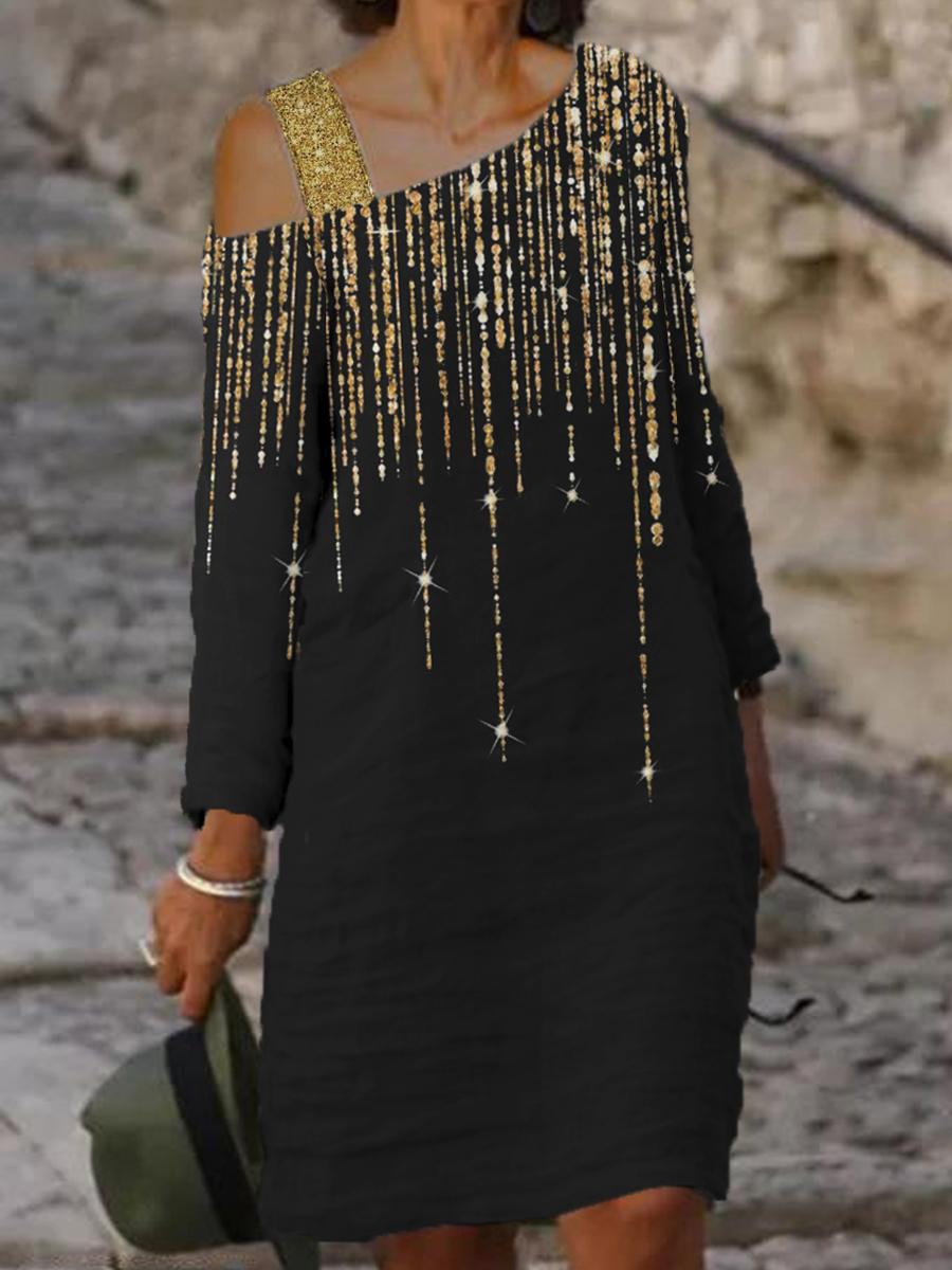 Fashion Color Block Sequin Print One Shoulder Midi Dress Women