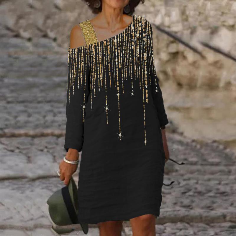 Fashion Color Block Sequin Print One Shoulder Midi Dress Women