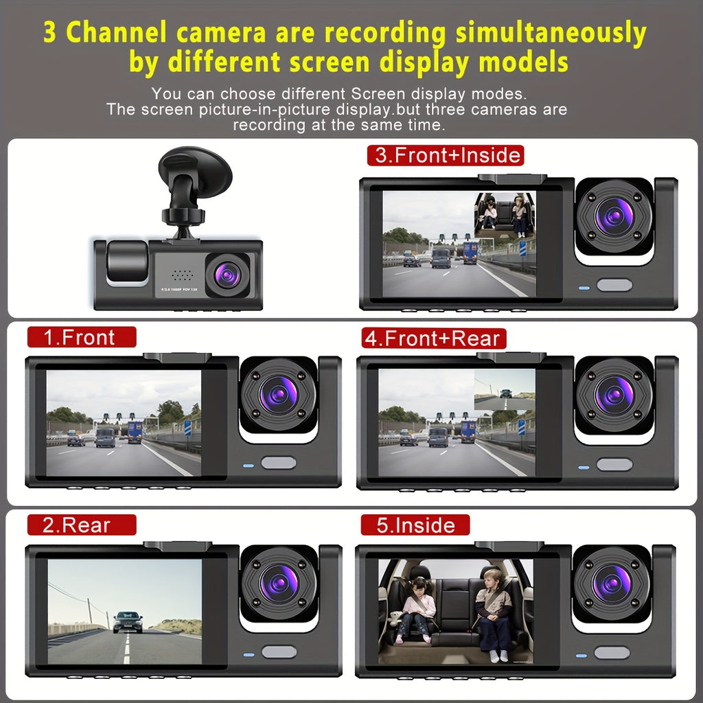 3 Channel Dash Cam Front And Rear Inside,1080P Dash Cam IR Night Vision, Loop Recording Car DVR Camera 3 Lens  With 2 Inch IPS Screen 3 Cameras Car Dashcam,car Black Box Recording At Same Time,Wide Angle Dashboard Camera Recorder