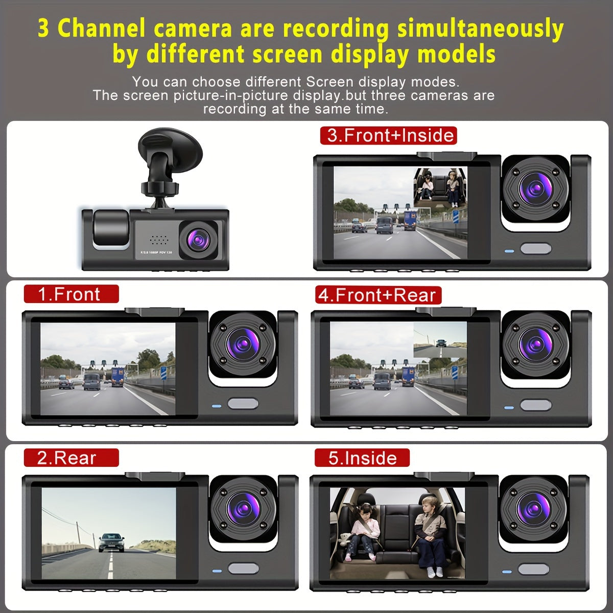 3 Channel Dash Cam Front And Rear Inside,1080P Dash Cam IR Night Vision, Loop Recording Car DVR Camera 3 Lens  With 2 Inch IPS Screen 3 Cameras Car Dashcam,car Black Box Recording At Same Time,Wide Angle Dashboard Camera Recorder