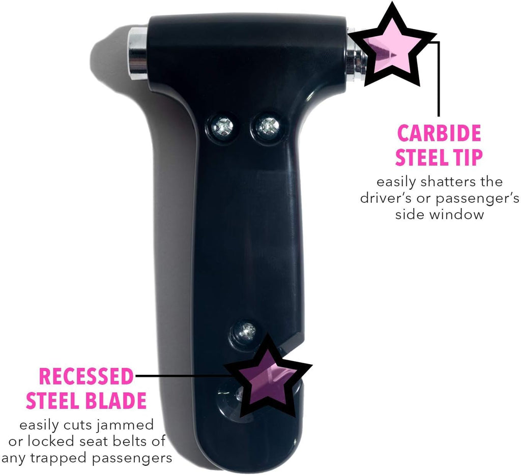Super-Cute Safety Hammer - Emergency Automotive Escape Hammer Tool, Seat Belt Cutter &amp; Car Window Break Tool - Black, 2 Count