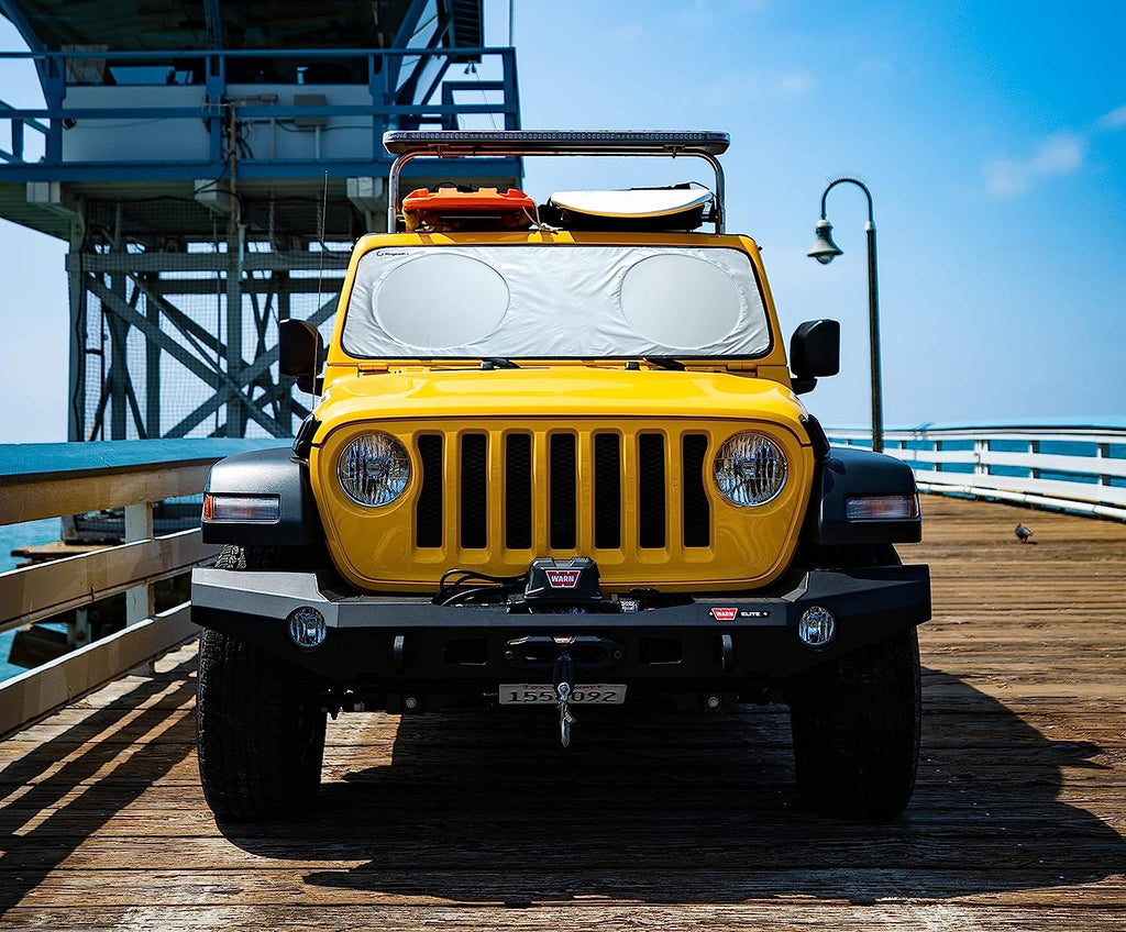 Magnelex Windshield Sun Shade for Jeep Wrangler, Rubicon, Gladiator with Bonus Steering Wheel Sun Shade. 240T Reflective Fabric Blocks Sun. Foldable Sun Shield Keeps Your Vehicle Cool