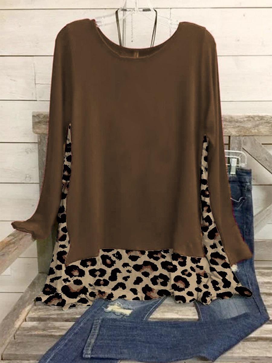 Casual Leopard Stitching Long-sleeved T-shirt