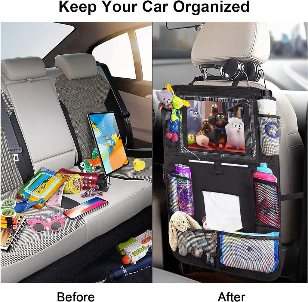 Backseat Car Organizer 2 PCS,Car Storage Organizer with Touch Tablet Holder Tissue Box Seat Back Protectors with 8 Storage Pockets Earphone/Charging Hole,Travel Accessories,Road Trip Essential Kids