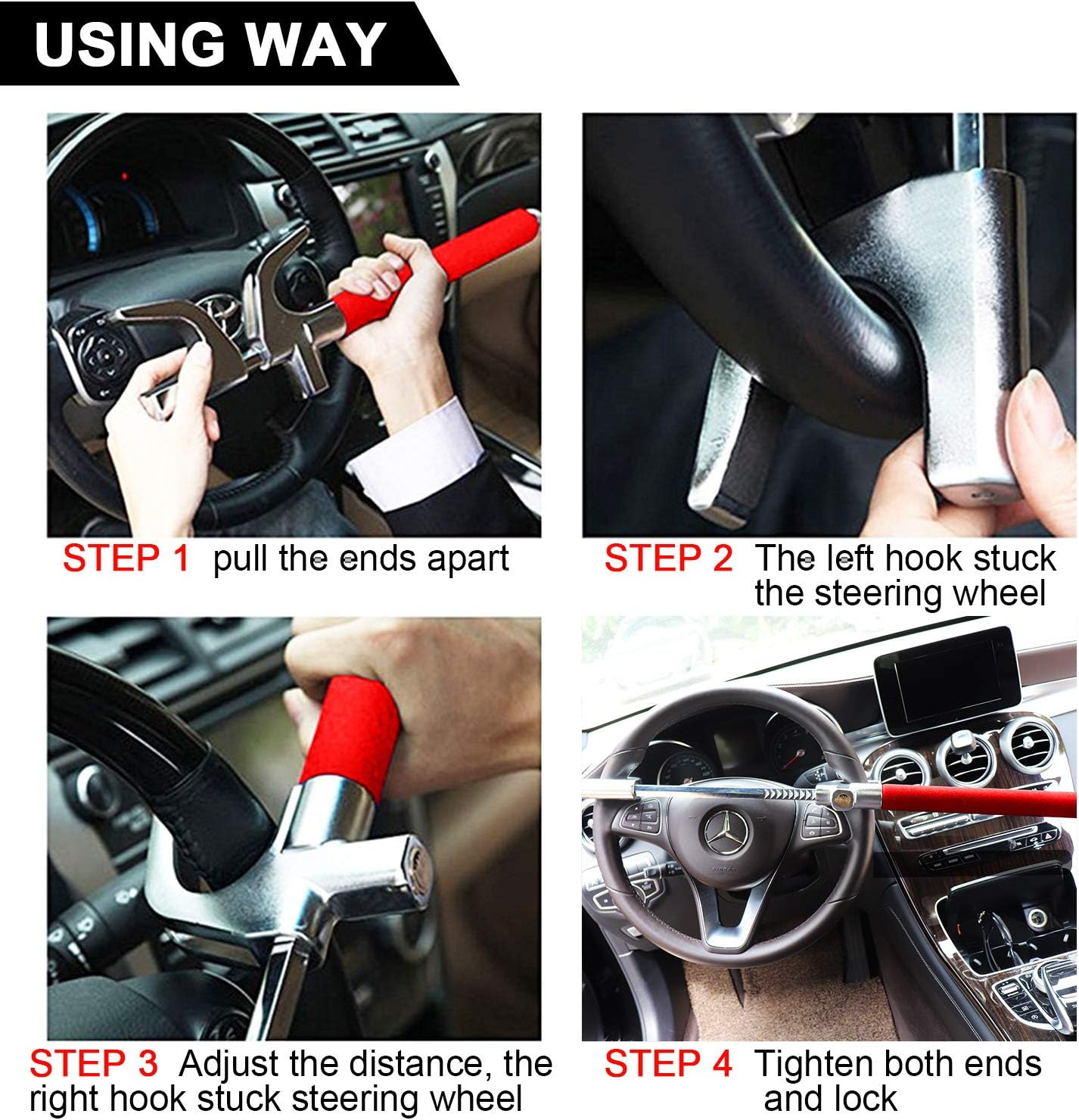 Tevlaphee Steering Wheel Lock Anti Theft Car Device Universal Car Theft Prevention Car Lock Adjustable Double Hook Emergency Hammer Window Breaker Self Defense Heavy Duty Secure (Red)