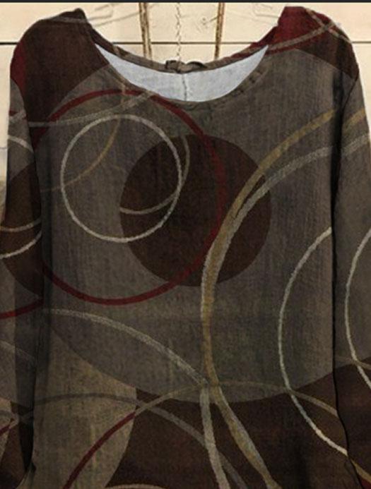 Line Art Print Round Neck Long Sleeve Blouse