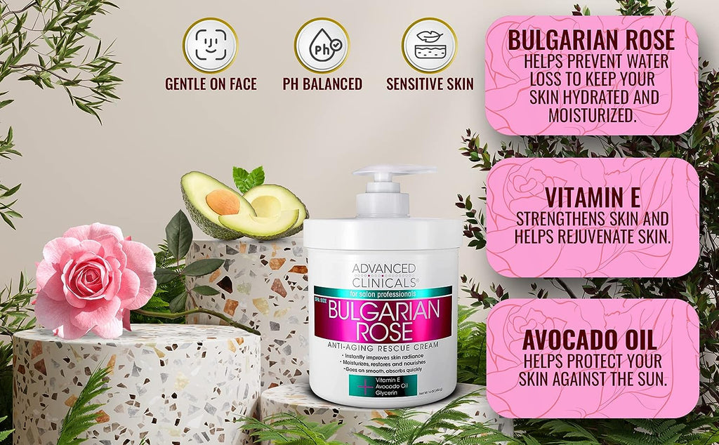 Advanced Clinicals Bulgarian Rose Anti Aging Rescue Cream Face &amp; Body Moisturizing Skin Care Lotion, Skincare Moisturizer For Dry Skin, Age Spots, &amp; Improving Skin Radiance, Large 16 Oz (Pack of 2)