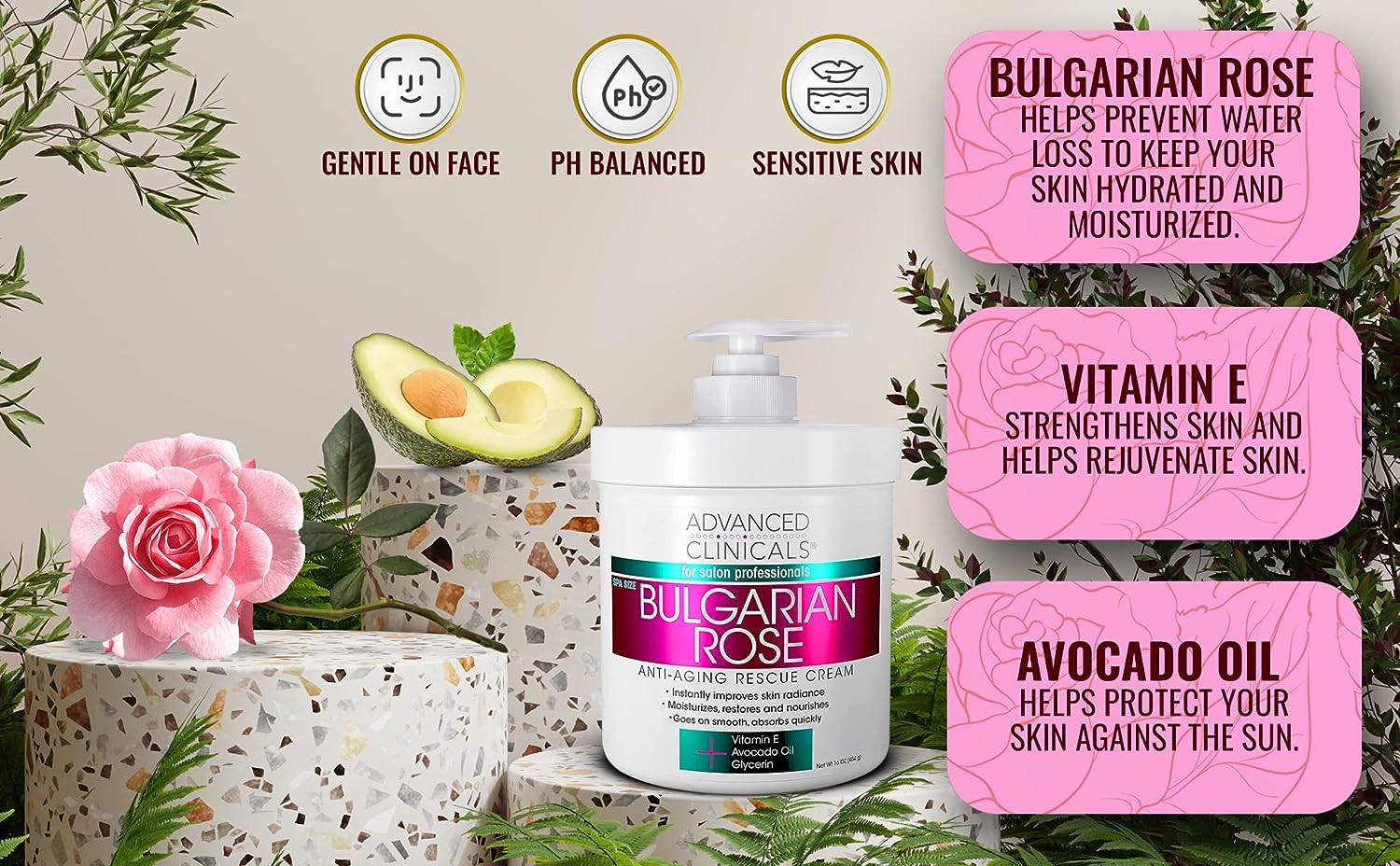 Advanced Clinicals Bulgarian Rose Anti Aging Rescue Cream Face &amp; Body Moisturizing Skin Care Lotion, Skincare Moisturizer For Dry Skin, Age Spots, &amp; Improving Skin Radiance, Large 16 Oz (Pack of 2)